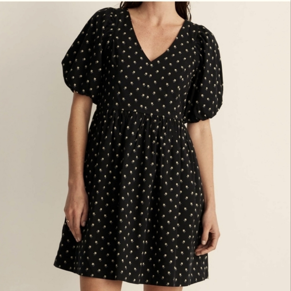 Madewell Puff Sleeve Floral Pattern Black Yellow Mini Dress Pockets Size Small